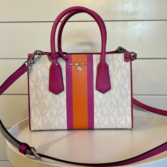 NWT MICHAEL KORS CENTER STRIPE MAPLE SM SATCHEL IN CERISE MULTI
